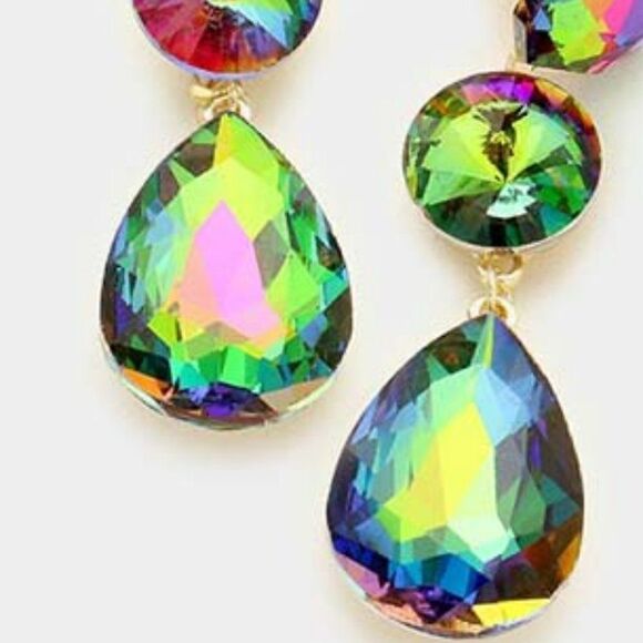 Triple Oil Spill Crystal Clip On Evening Earrings NWT - Picture 3 of 6